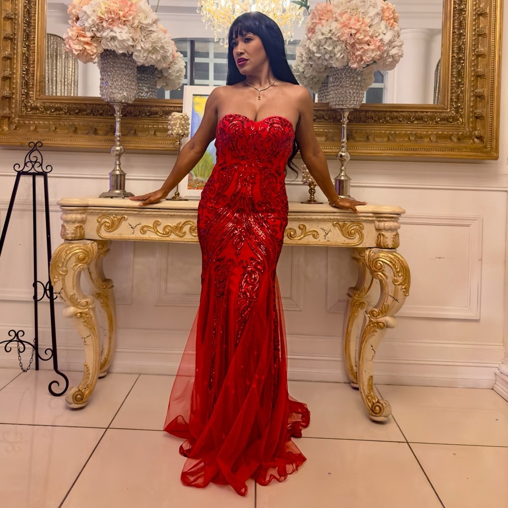 Dalia MacPhee Strapless Scroll Sequin Gown Dress